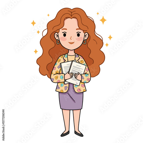 Woman with documents in purple skirt and patterned top. Ideal for office administration, paperwork management, or document organization.