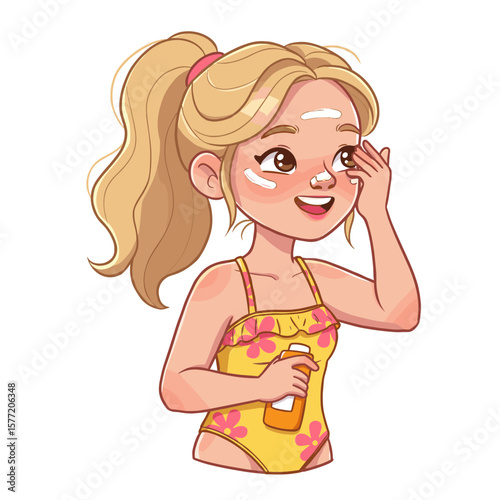 Girl with sunscreen applying UV protection. Perfect for summer safety, skin care routines, and outdoor protection guidelines.