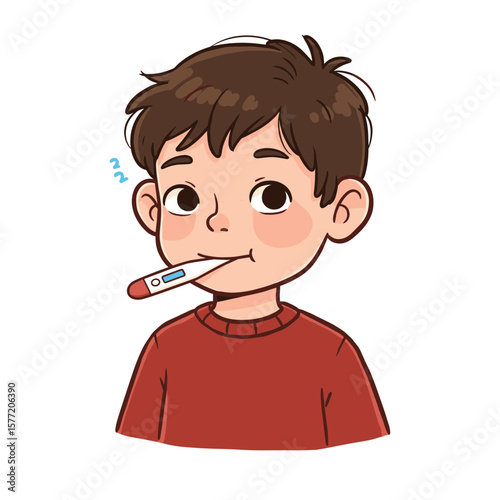 Boy with thermometer in mouth in red shirt. Ideal for childhood illness, fever monitoring, or health check concepts.