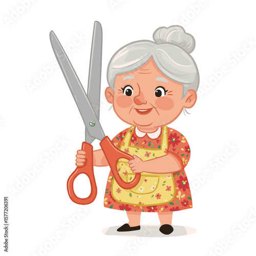 Grandmother with scissors in floral dress. Perfect for sewing crafts, fabric cutting, or elderly hobby activities.