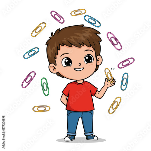 Boy with paper clips in red shirt. Ideal for office supplies, organizational tools, or educational stationery concepts.