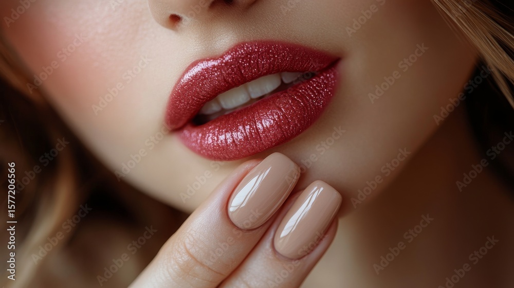 Fototapeta premium A close-up of the lips and nails, showcasing glossy lipstick with soft pink tones on an elegant woman's hand. The focus is on her manicure in light beige, complementing her flawless skin