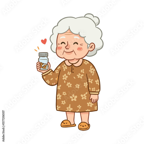 Grandmother with medicine bottle in floral dress. Perfect for senior medication management, elderly healthcare, or prescription guidance.