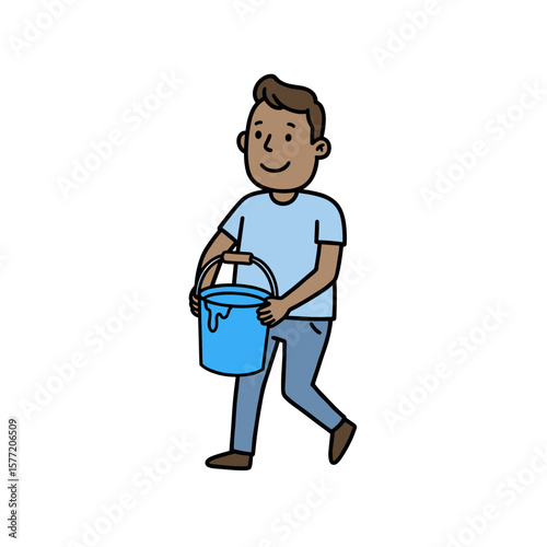 Man carrying blue cleaning bucket while walking. Ideal for illustrating janitorial services, cleaning professionals, and facility maintenance.