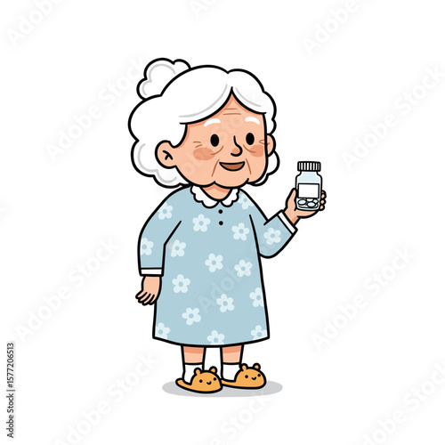 Grandmother with medicine bottle in blue floral dress. Ideal for senior healthcare, medication management, or elderly wellness programs.