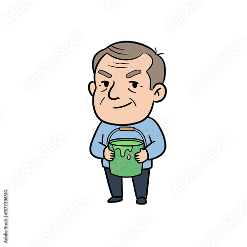 Man holding green bucket with determined expression. Perfect for illustrating gardening activities, cleaning services, or household maintenance.