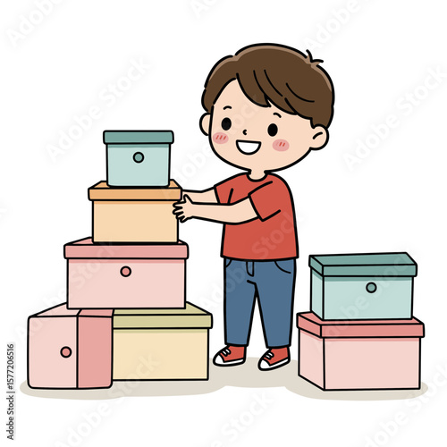 Boy organizing colorful storage boxes with care. Ideal for illustrating organization skills, decluttering concepts, and storage solutions for children.
