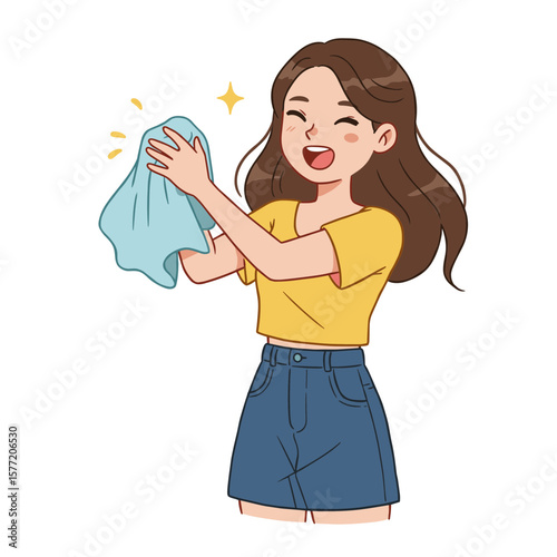 Woman happily holding clean blue cloth. Ideal for illustrating cleaning services, housekeeping professionals, and hygiene maintenance concepts.