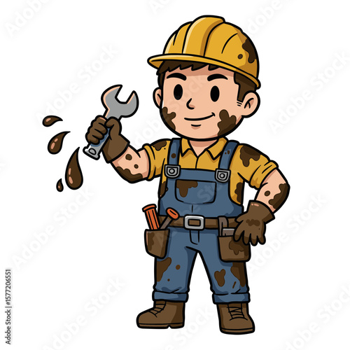 Man in construction uniform holding wrench and hammer. Ideal for illustrating maintenance services, repair professionals, and industrial workers.