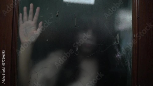 A haunted female ghost with pale face and long dark hair wandering inside an abandoned house, representing a murdered spirit seeking revenge, inspired by horror movies and ghost legends.