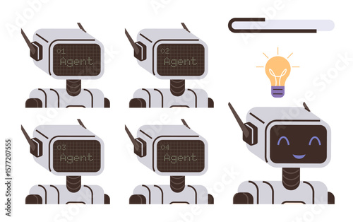 Series of robots evolving from label displays to a smiling interface next to a glowing lightbulb. Ideal for innovation, automation, AI evolution, technology progress, creativity, and concept