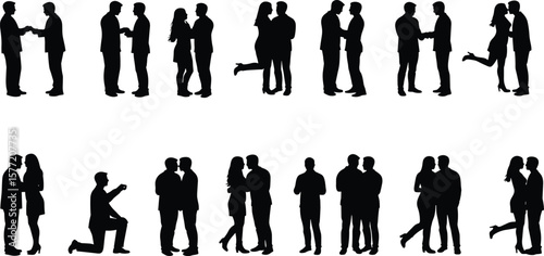 Romantic couple silhouettes in love, hugging dancing kissing poses, cad drawing flat vector illustration, relationship concept, affectionate gesture design layout