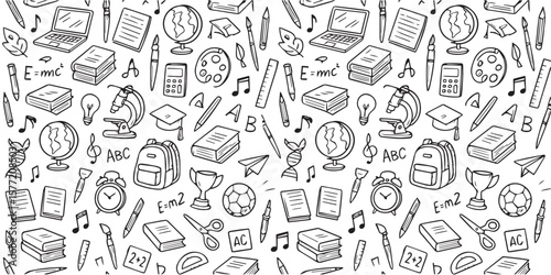 A seamless pattern of school supplies and educational elements