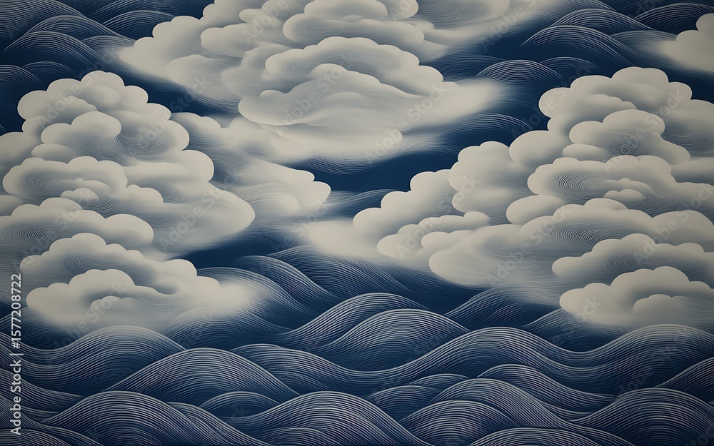 Fototapeta premium Serene Cloudscape An Abstract Watercolor Painting of Clouds and Waves