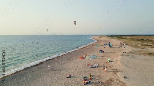 Kitesurfers Enjoying a Windy Day on a Sandy Beach – Aerial View, Lefkada Island