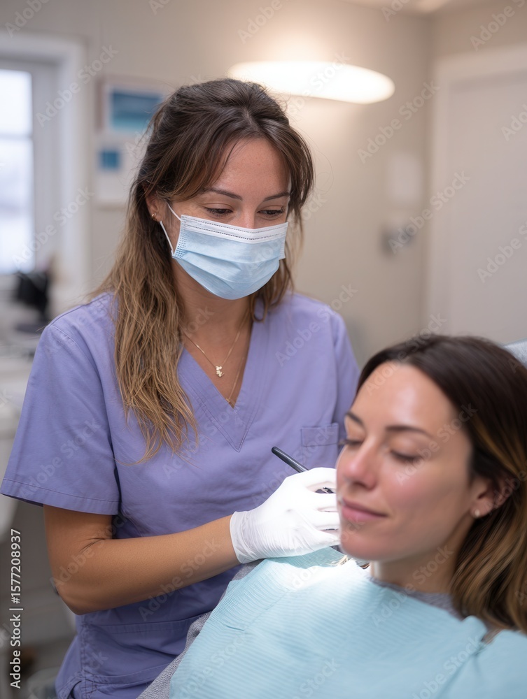 Fototapeta premium Female dentist treating caucasian female patient in modern dental office.