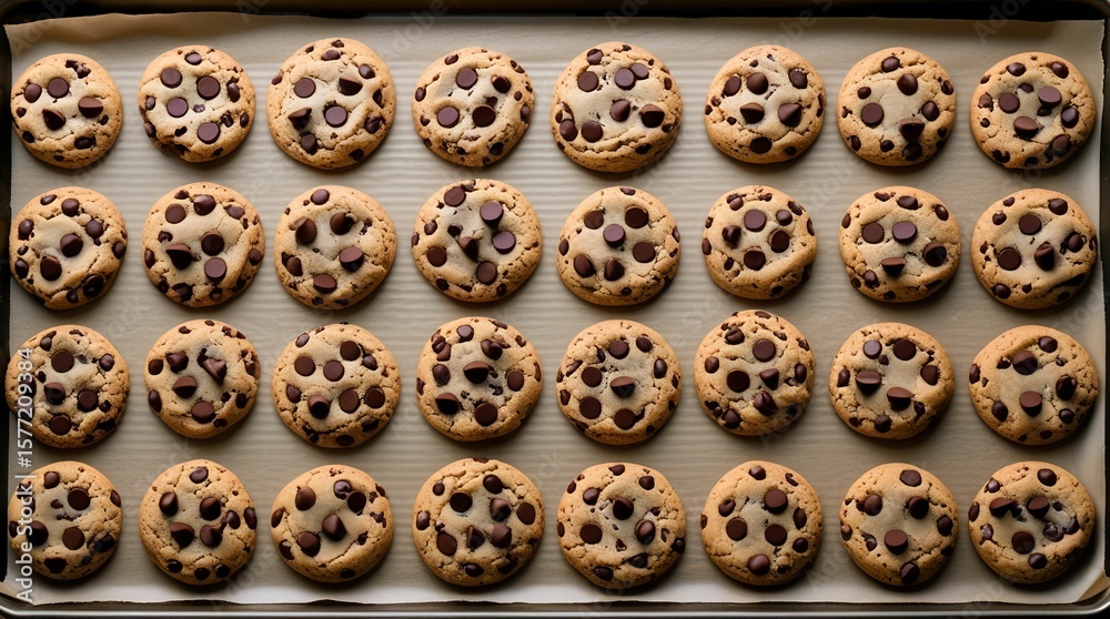 Obraz premium Freshly baked chocolate chip cookies with golden-brown edges and melted chocolate chips, capturing the perfect homemade treat and delicious dessert moment. 