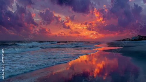 Stunning sunset over the ocean, reflecting on the wet sandy beach