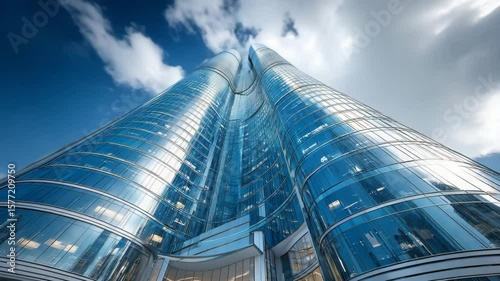 Magnificent view of a contemporary skyscraper reaching towards a blue sky with clouds.