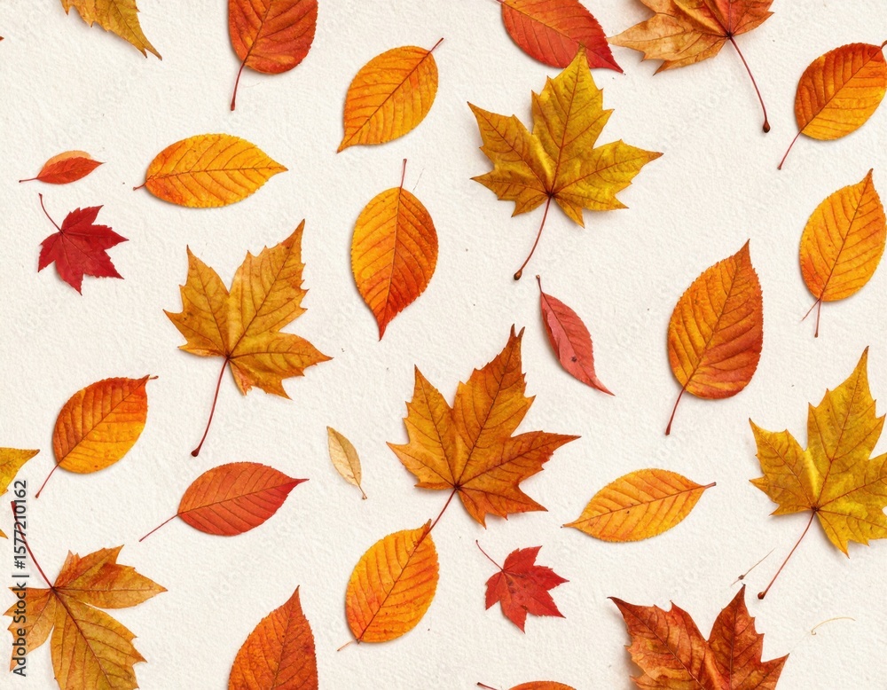 Fototapeta premium Seamless pattern of vibrant dry, crunchy autumn leaves scattered across a textured paper background, capturing the essence of the fall season.