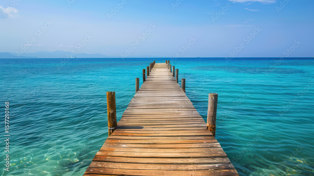 Fototapeta premium Wooden pier extending into crystal clear turquoise ocean waters under a bright blue sky