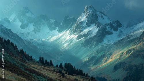 A stunning view of snow-covered mountains in a scenic landscape with an atmospheric sky.