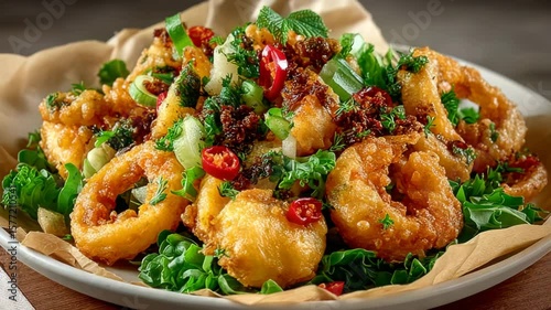 Crispy golden fried calamari rings served with fresh herbs and peppers.