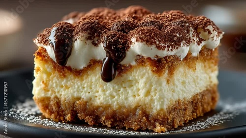 Delicious tiramisu cake slice with cocoa and chocolate sauce on a plate.