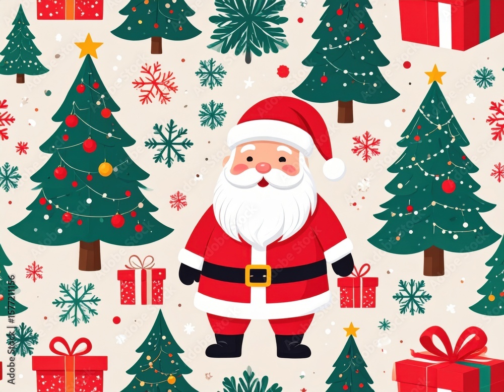 Naklejka premium Seamless pattern featuring cheerful Santa Claus, festive gift boxes, delicate snowflakes, and traditional Christmas trees