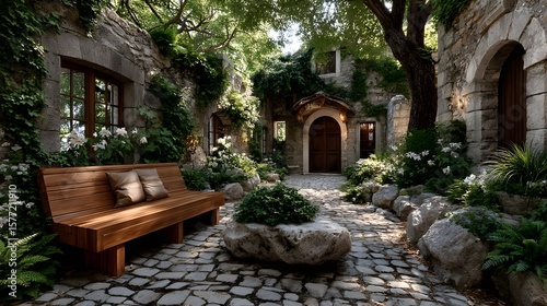 Peaceful courtyard with vintage stone walls high resolution image