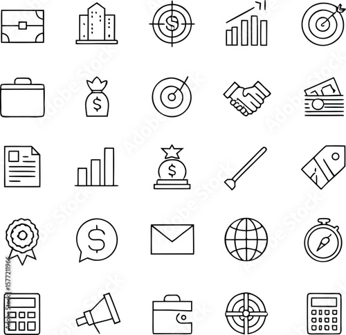 Collection of business and finance icons featuring a briefcase buildings targets graphs money bag handshake wallet calculator and globe isolated on transparent background