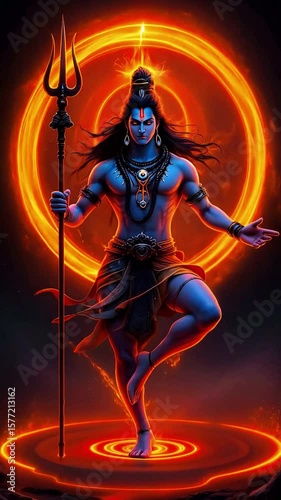 Dynamic Lord Shiva, cosmic orange halo, holding trident. Powerful Hindu deity, spiritual energy. Traditional Indian worship. Shiv angry dance in space. Red fire circle around body. Shiva, Lord, Hindu