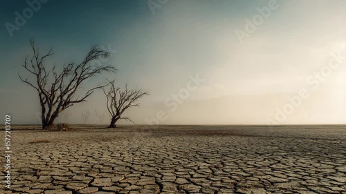 A single dry tree stands in a desert landscape under clear sky, showing loneliness, climate effect, and lifeless earth