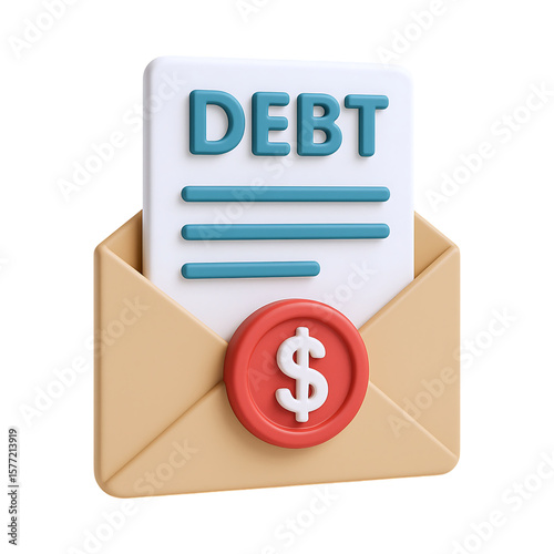 Debt collection icon, financial document, envelope, money symbol, communication