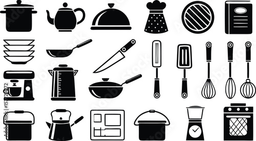 Collection of kitchenware and cooking utensils icons including pots pans kettles bowls mixer blender oven spatula whisk knife and cookbook isolated on transparent background