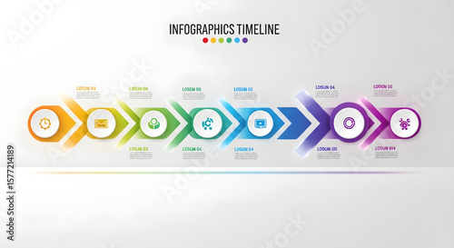 Colorful infographic timeline with circular icons illustrating sequential steps for business processes.