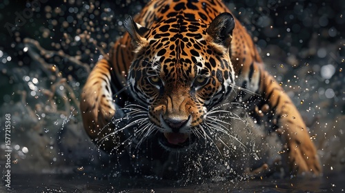 front view, high-speed jaguar tiger, speeding through black, debris water drop. realistic colors, pro camera shot