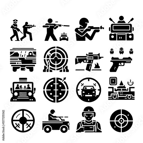 Collection of beach themed icons featuring volleyball players palm trees and beachside structures shown in black,