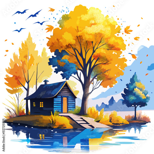 A Tranquil Retreat Nestled Beneath Golden Foliage, Where Time Slows and Nature Sings in Crimson, Amber, and Blue