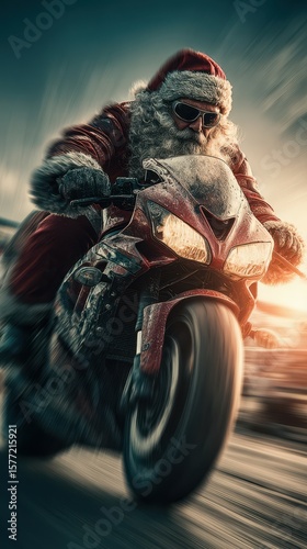 Santa Claus speeding on a motorcycle during a sunset ride in a festive atmosphere