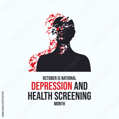 October is National Depression and Health Screening Month poster vector illustration. Dark person with mental illness abstract vector. Mental disorder abstract head icon. Template for card, banner
