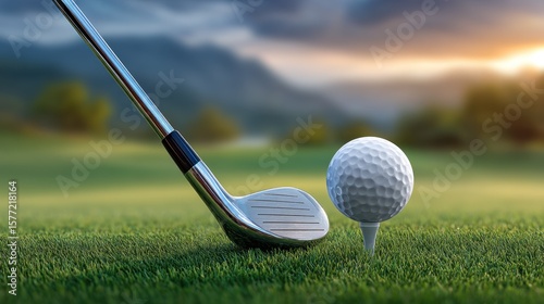 Golf club and ball on the green grass, sunset light. Golf equipment close up. Background with a beautiful golf course landscape. Golfing sport banner design template.