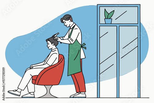 Barber Cutting Man’s Hair in Modern Salon Wearing Green Apron

