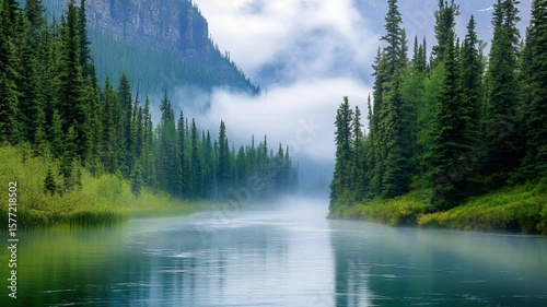 Serene River Flowing Through a Lush Forest, Misty Mountains in the Distance