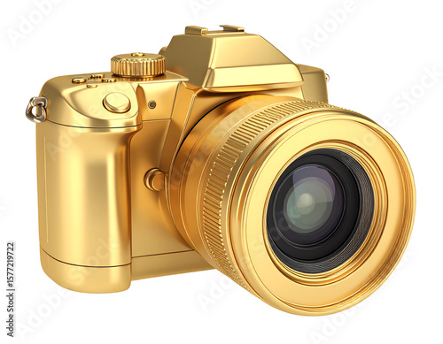 Golden Camera Glamour, 3D rendering of sleek, gold camera radiating luxury and photographic excellence, perfect for visual content creators and photography enthusiasts