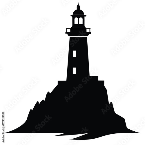 A classic lighthouse silhouette stands on a coastal island at sunset, a beacon of navigation across the sea