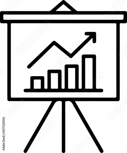 Black and white line art icon of a flip chart displaying a bar graph with an upward trend arrow