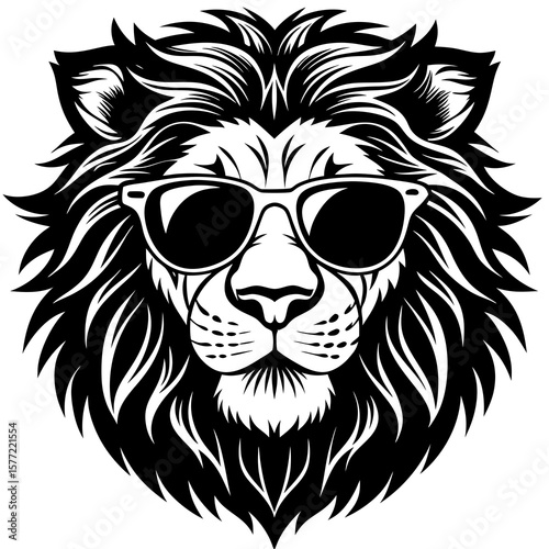 Vector art of a majestic lion with a full mane wears sunglasses, exuding cool confidence
