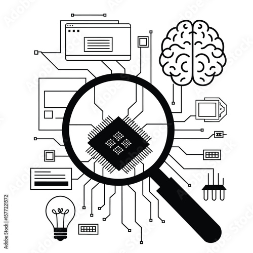 A black and white vector illustration of a machine learning metaphor with a magnifying glass over a silicon chip connected to a brain