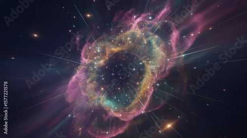 A vibrant nebula with swirling colors and bright stars against a dark cosmic background view from space